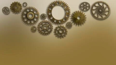 Training old cogs on a worn isolated technology machine New future metal gold Illustrazione stock