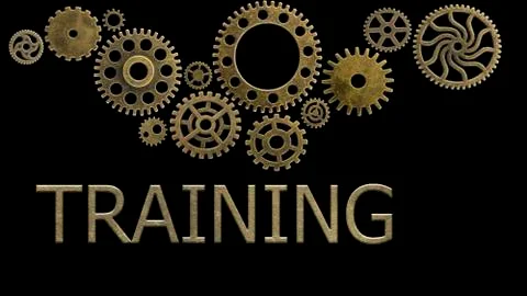 Training old cogs on a worn isolated technology machine New future metal gold Stock Illustration