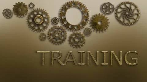 Training old cogs on a worn isolated technology machine New future metal gold Stock Illustration