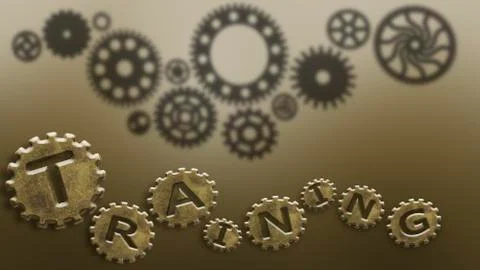 Training old cogs on a worn isolated technology machine New future metal gold Stock Illustration