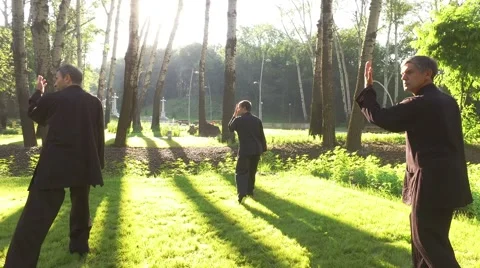 Training in the park. Workout. Group of four people practicing qigong. 4K 库存影片 67195227