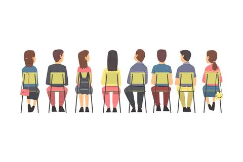 Training with People Characters Sitting in Row on Chairs Listening Back View Stock Illustration