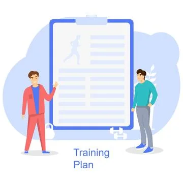 Training plan, two men are discussing a sports training plan. Vector Stock Illustration