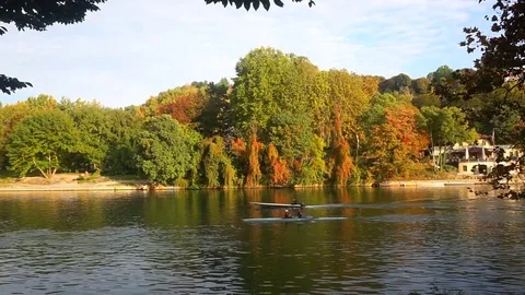 Training in the Po River at the sunset Stock Footage 98035897