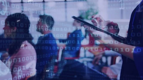 Training presenter tapping tablet, teaching data with binary overlay growing Stock Footage 333936496