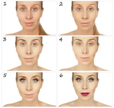 Training sequence applying makeup. Collage of a woman. Stock Photos