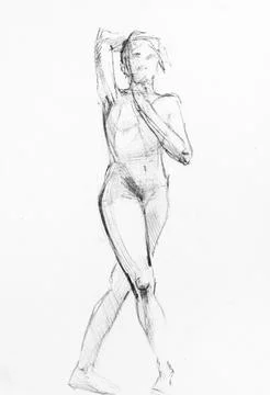 Training sketch of nude model standing in front Stock Illustration