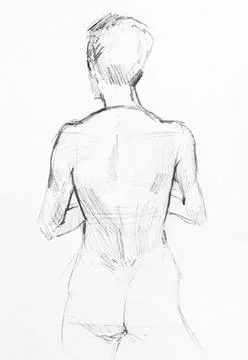 Training sketch of nude model standing with back Ilustración de archivo