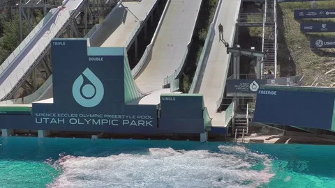 Training ski jump into water at Olympic Training Park Stock Footage 114296528