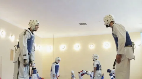 Training Sparring Between The Two Athletes Of Taekwondo In The Hall Stock Footage 52197794