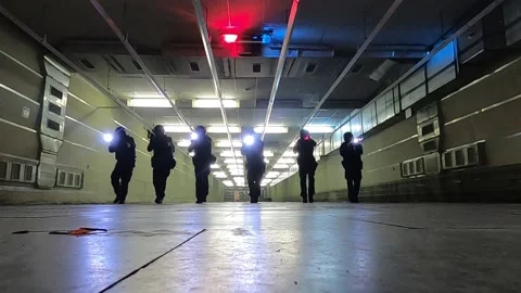 Training of a special forces group inside a building with automatic weapons. Vídeo Stock 174676618