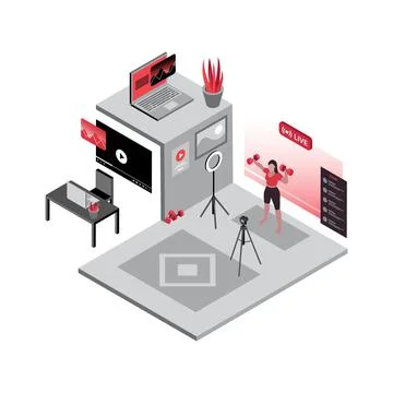 Training Streams Illustration. Vlogging. Shooting a Workout Stream. Woman Stock Illustration