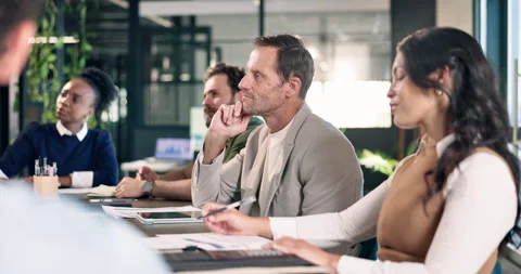Training, team or man in office with smile, growth session or presentation on Stock Footage 343161068