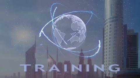 Training text with 3d hologram of the planet Earth against the backdrop of the Stock Footage 99044351