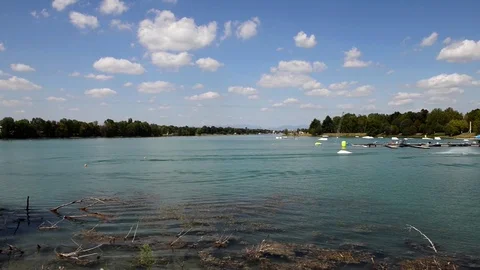 Training with wakeboard on the lake in summer Video stock 79216298