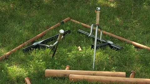 Training weapons in the grass, zoom-out Stock Footage 55810193