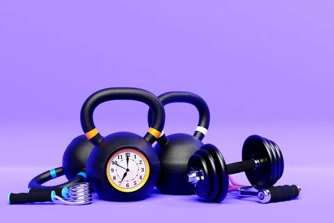 Training weights with clock  on purple  isolated background. Dumbbells, kettl Stock Illustration