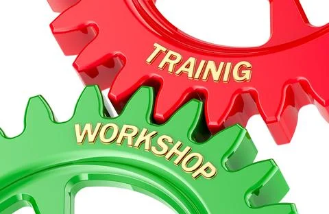 Training Workshop concept with colored gearwheels. 3D rendering Illustrazione stock