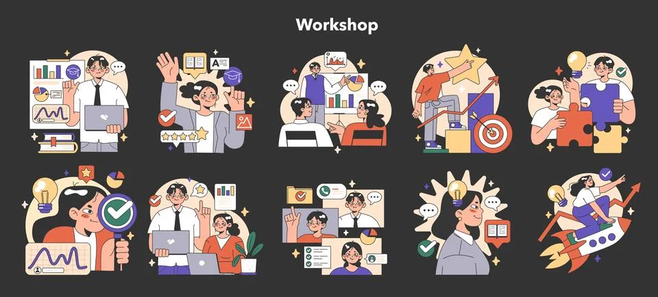 Training workshop night or dark mode set. Interactive training process Stock Illustration