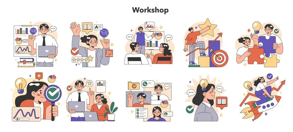 Training workshop set. Interactive training process. Professional development. Stock Illustration