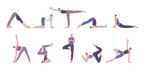 Training yoga characters, aerobic and stretch exercise. Meditate poses, balance Stock Illustration