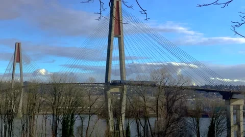 Trains on a Cable Stayed Bridge. 4k. Slow Motion. Stock Footage 148182017