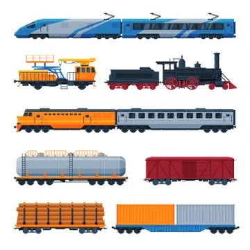 Trains Collection, Side View of Passenger and Cargo Wagons, Railroad Stock Illustration