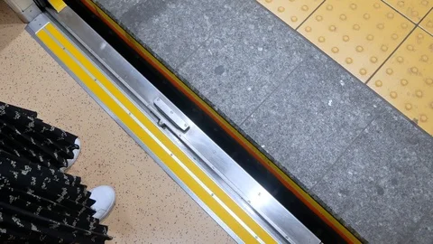 To train's door from inside the train while the train's door is closing at Stock Footage 119266731