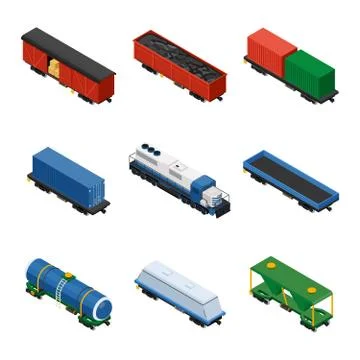 Trains isometric set of freight trains consisting of locomotives Stock Illustration