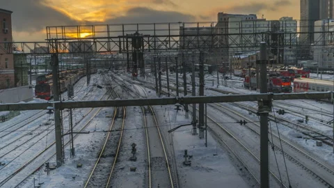 Trains on a large railway junction at sunset,time lapse Stock Footage 101259431