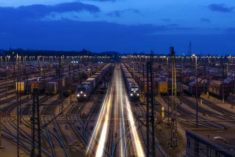 Trains in a marshalling yard Stock Photos