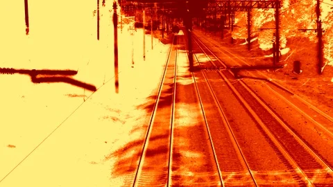 Trains Meet Each Other From The View On Top Camera And With Fire Effect Stock Footage 89918904