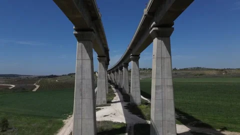 Trains Passing on Elevated Bridges Drone View Video stock 305303939