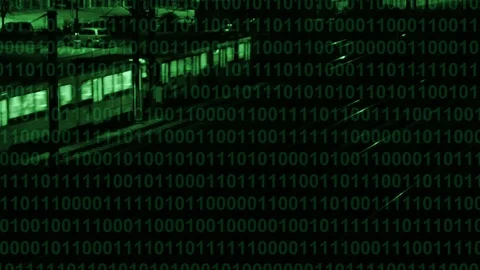 Trains passing at night with binary computer code overlay Stock Footage 111303229