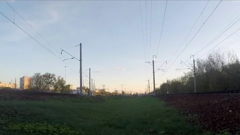 Trains On Railway In Spring Evening Timelapse 스톡 동영상 77285596
