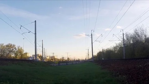 Trains On Railway At Spring Evening Timelapse Stock Footage 77285633