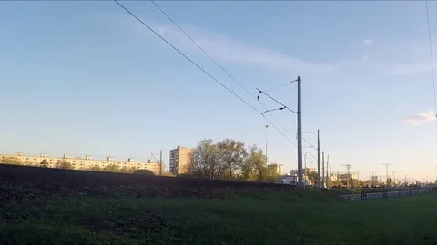Trains On Railway At Spring Sunset Timelapse 動画素材 77285654
