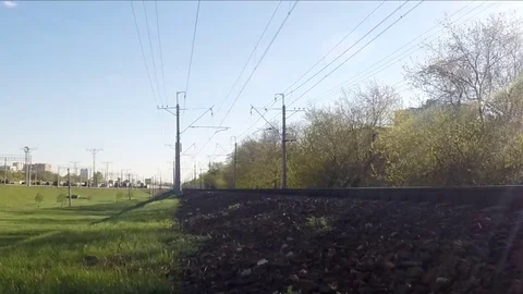 Trains on the railway in the spring timelapse Stock Footage 77283871