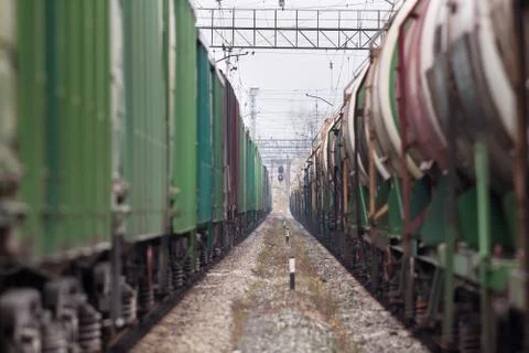 Trains on railway station (selective focus used) Stock Photos