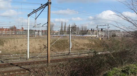 Trains in a residential area Stock Footage