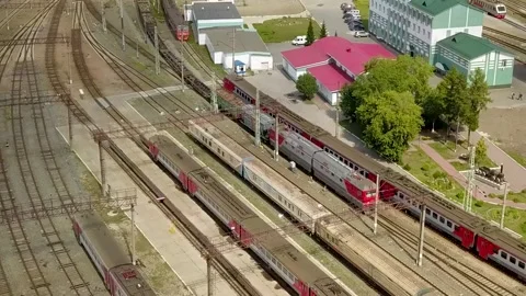 Trains at train stations with many tracks Stock Footage 139059826