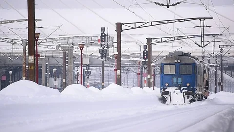 Trains waiting in train station after heavy snowfall Vídeo Stock 71463478