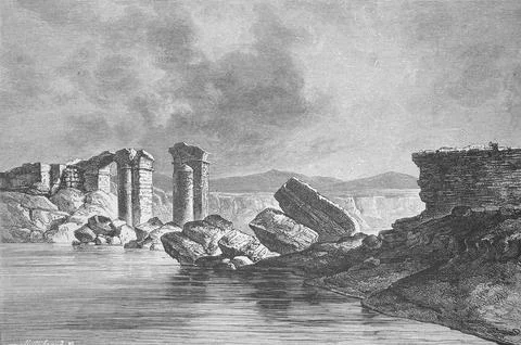 Trajan Bridge, Trajan Bridge over the Medjerda in Simitthus, Chemtou, 1880, Stock Illustration