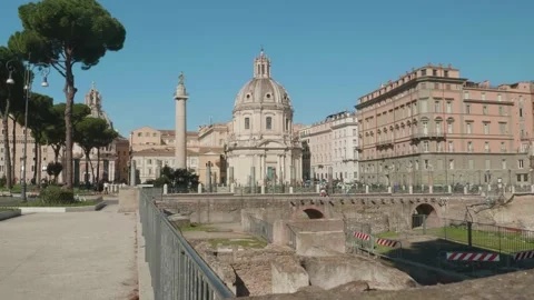 Trajan's column and SS Nome di Maria Colonna Catholic Church. History in Rome Stock Footage 141981968