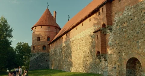 Trakai, gothic castle, pan from pinnacle to corner tower, Tracking shot Stock Footage 115629236
