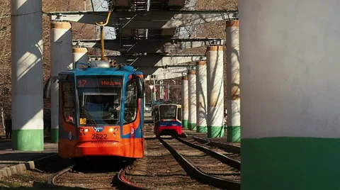 Tram 10. Forward motion of tramway 71-623 and 71-619 movement into the distance Video stock 67618292