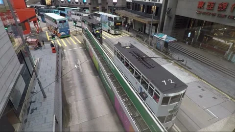 Tram and bus traffic, view from the gallery above the road through the glass, HK Stock Footage 143450418