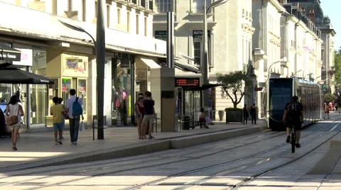 Tram approaches stop (1) - Tours France Stock Footage 32134786