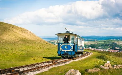 Tram approaching the summit of the great Orme. Stock Photos