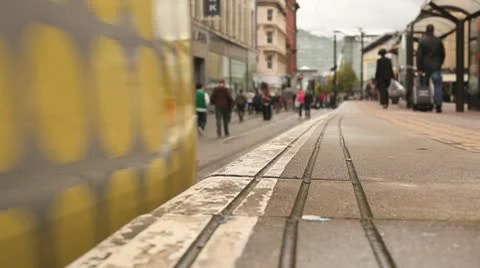 Tram Arrives  at Stop HD File Stock Footage 10685393